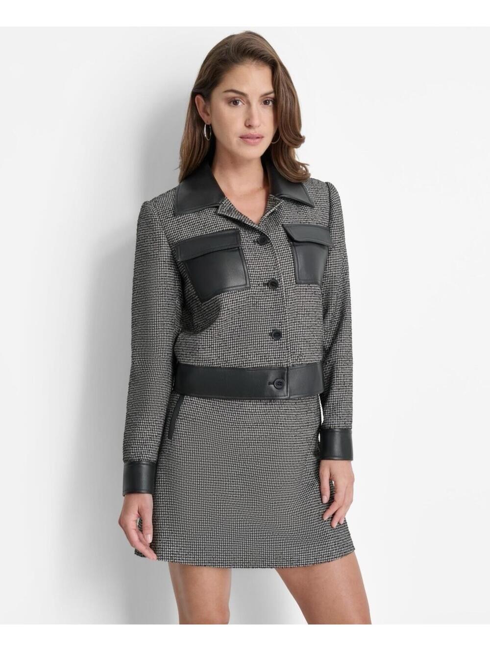 $159 DKNY Houndstooth Faux Leather Trim Jacket Black Women Size 16 Black